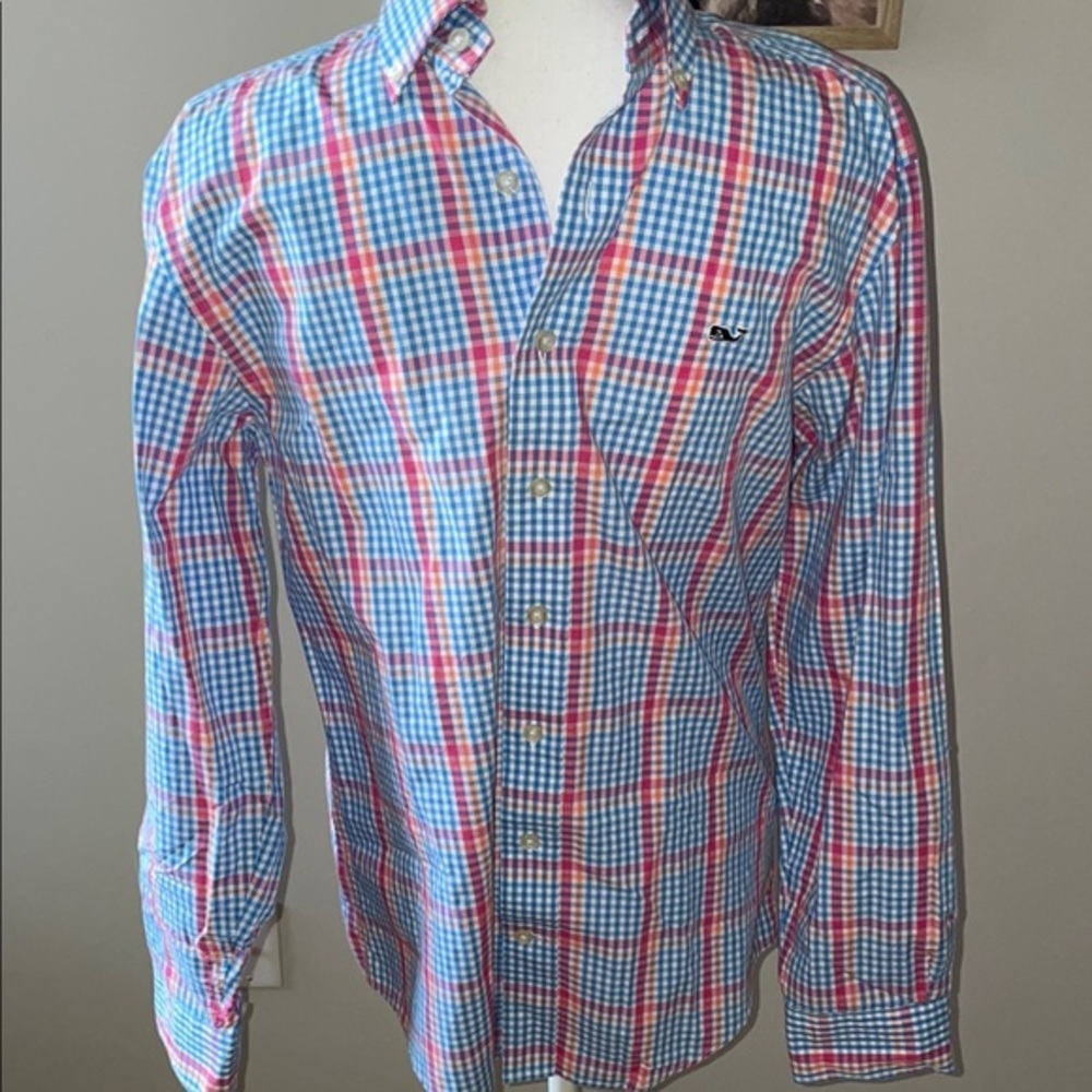 Vineyard Vines Men's Blue and Red Plaid whale 🐳 shirt XS